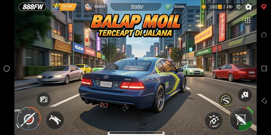 Tampilan gameplay seru dari balapan di <strong>888FW</strong> dengan mobil kustomisasi.
