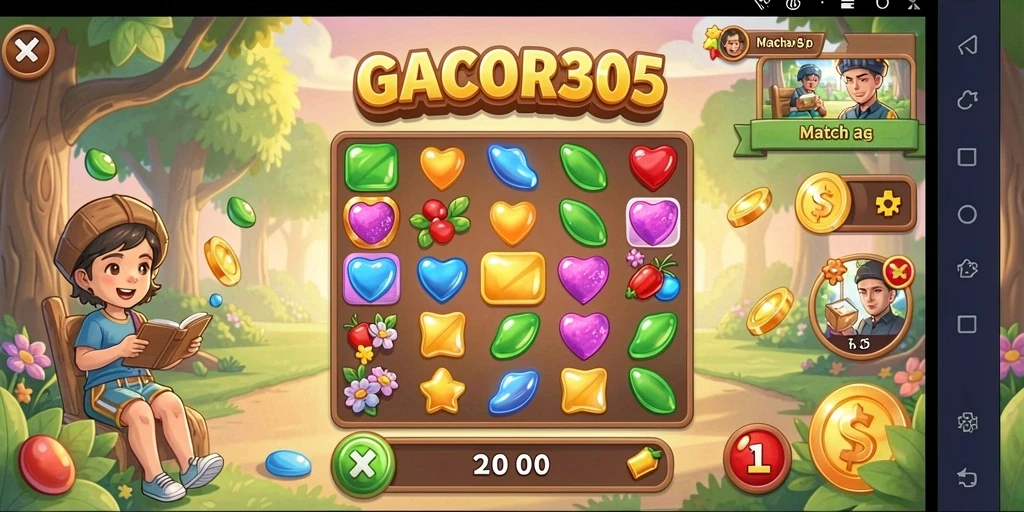 Screenshot GACOR305 menunjukkan aksi seru permainan Match-3 dengan grafis menarik.