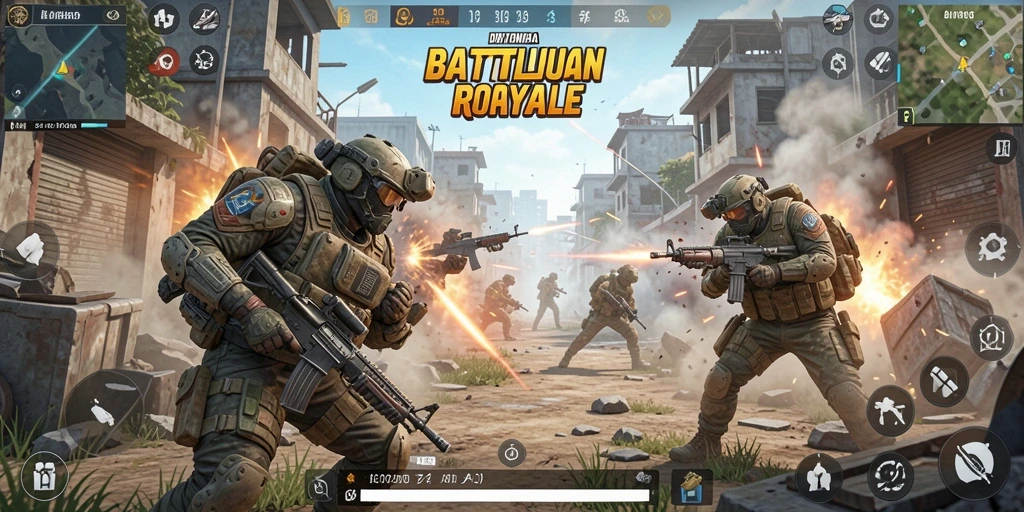 Screenshot gameplay JUARAGO menampilkan pertempuran seru di arena Battle Royale.