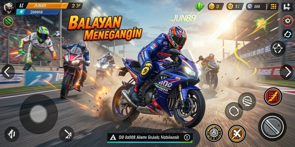 Tampilan gameplay exciting dari balapan motor yang seru.