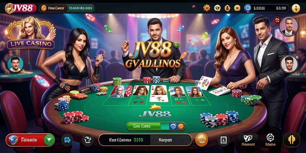 Screenshot utama JV88 menampilkan dealer profesional dan gameplay Live Casino yang mendebarkan.