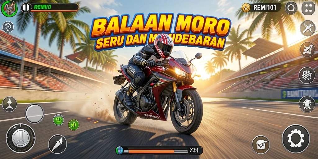 Screenshot REMI101 menampilkan aksi balapan motor yang mendebarkan.