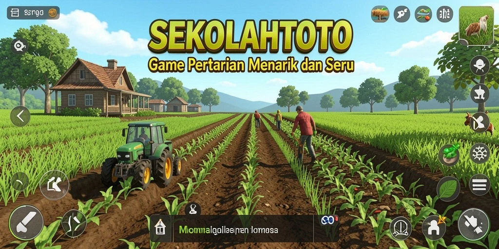 Gameplay SEKOLAHTOTO menampilkan suasana pertanian yang ceria dan interaktif.
