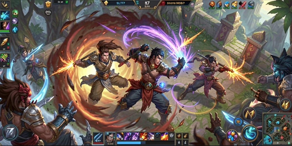 Screenshot utama SL777 menunjukkan pertarungan MOBA yang intens dan strategis.