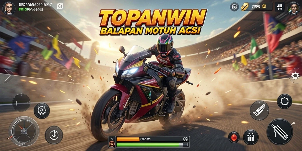 Tangkapan layar TOPANWIN menunjukkan aksi balapan motor yang mendebarkan.